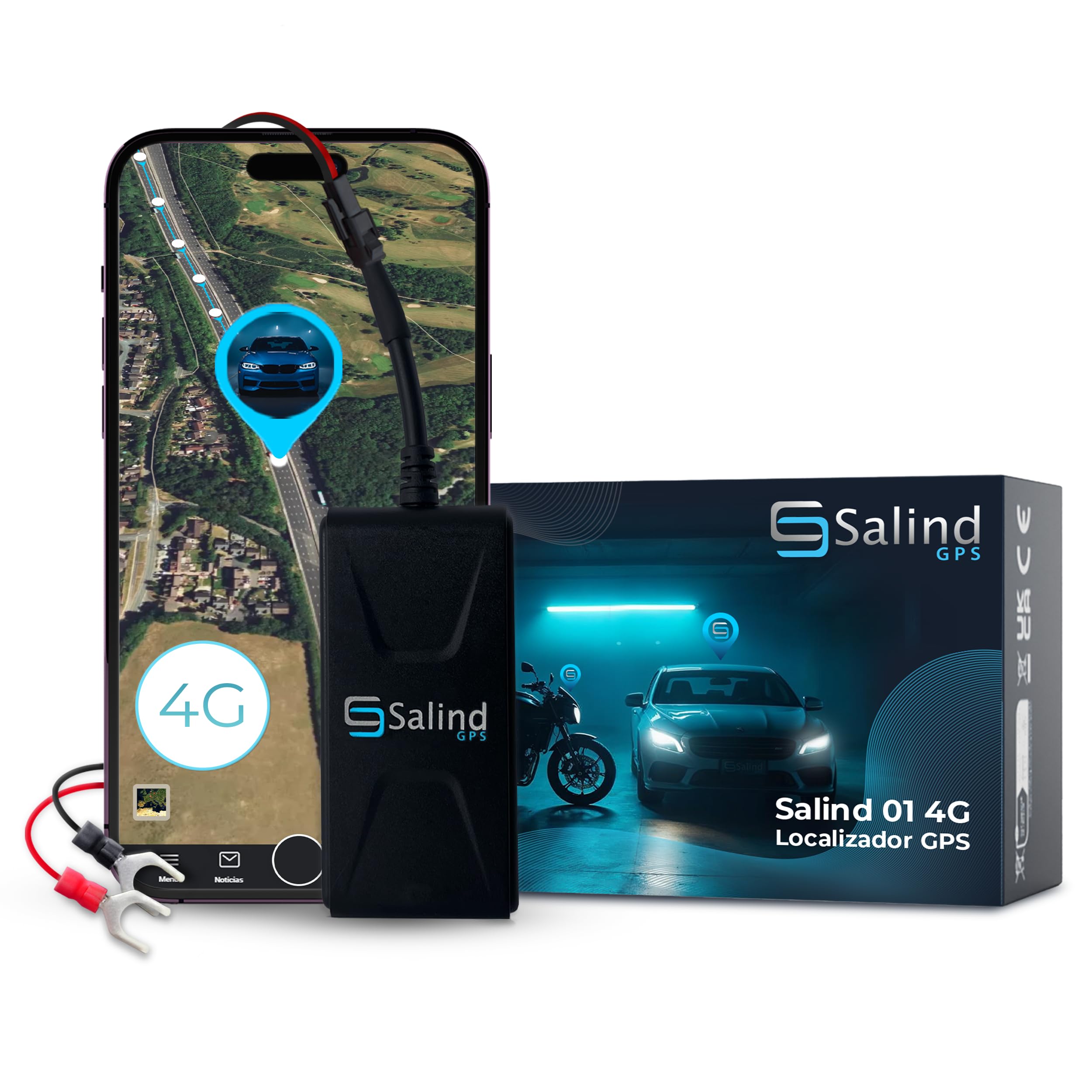 Salind 01 4G GPS Locator for Car, Motorcycle and Other Vehicles - Direct Battery Connection - Real-Time Tracking, Routes History and Alarms - Total Cable Length 1.37 m
