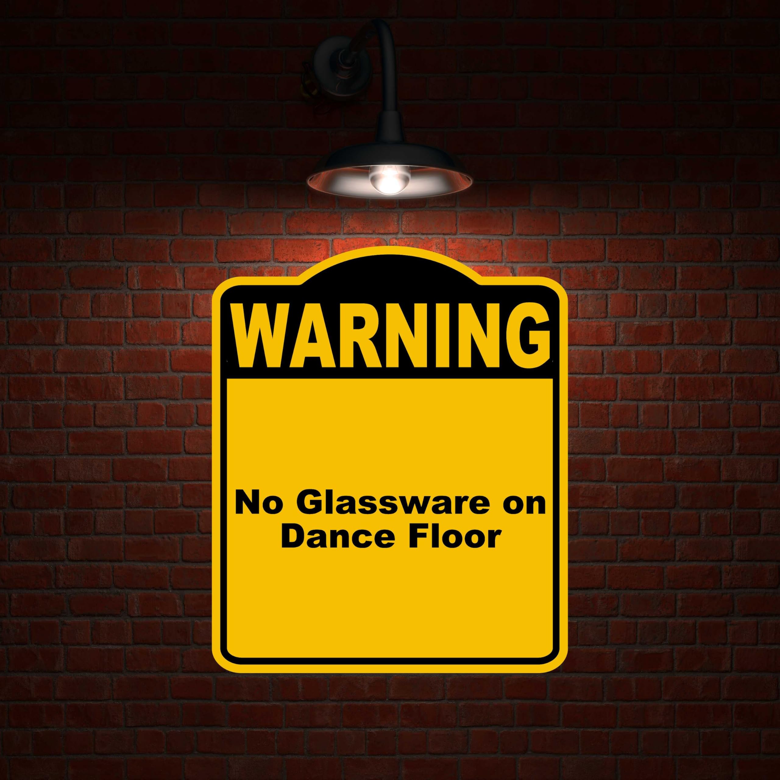 No Glassware on Dance Floor Warning Yellow Black Aluminum Composite Sign 8.5 x 10 inches