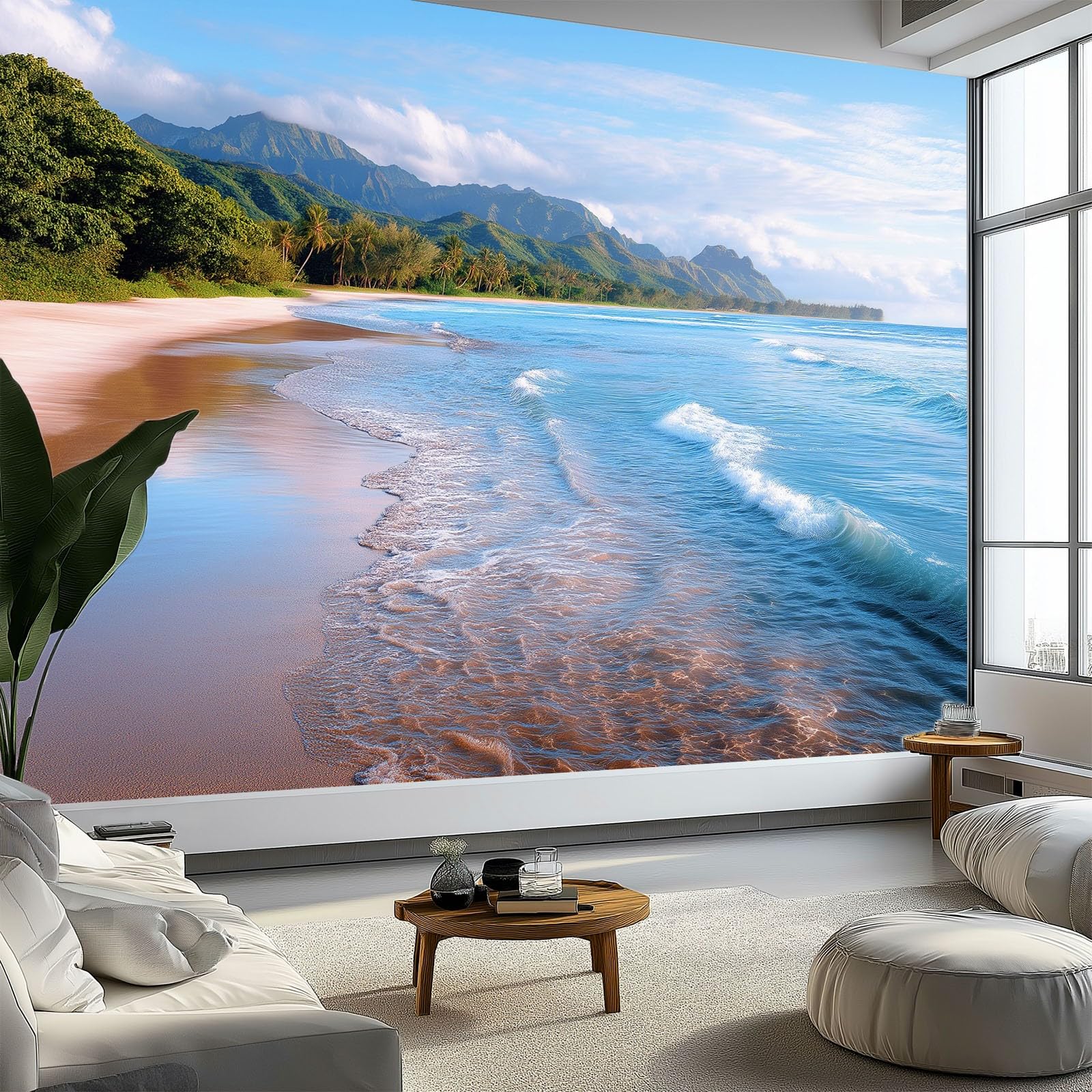 Générique Panoramiczna tapeta natura wybrzeże góry mgła kokosowy gaj 3D 300 x 210 cm, włóknina XXL nowoczesna dekoracja ścienna salon sypialnia biuro pokój dziecięcy, wielokolorowa