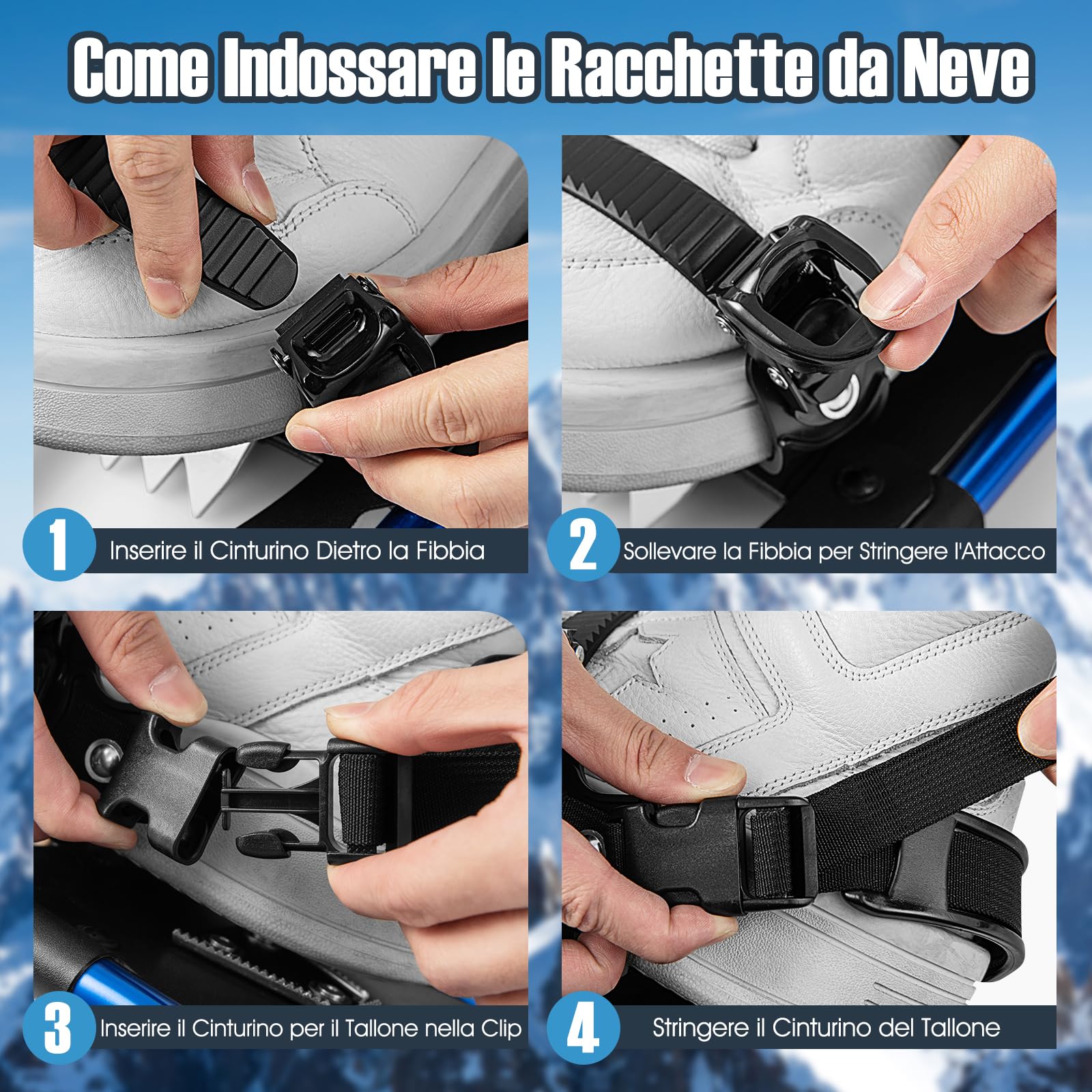 COSTWAY Set 4 in 1 Ciaspole da Neve 53/63/78 cm per Uomini, Donne e Ragazzi con Sistema di Fissaggio, Telaio in Alluminio, Bastoncini da Trekking, Ghette Gambe Impermeabile e Borsa