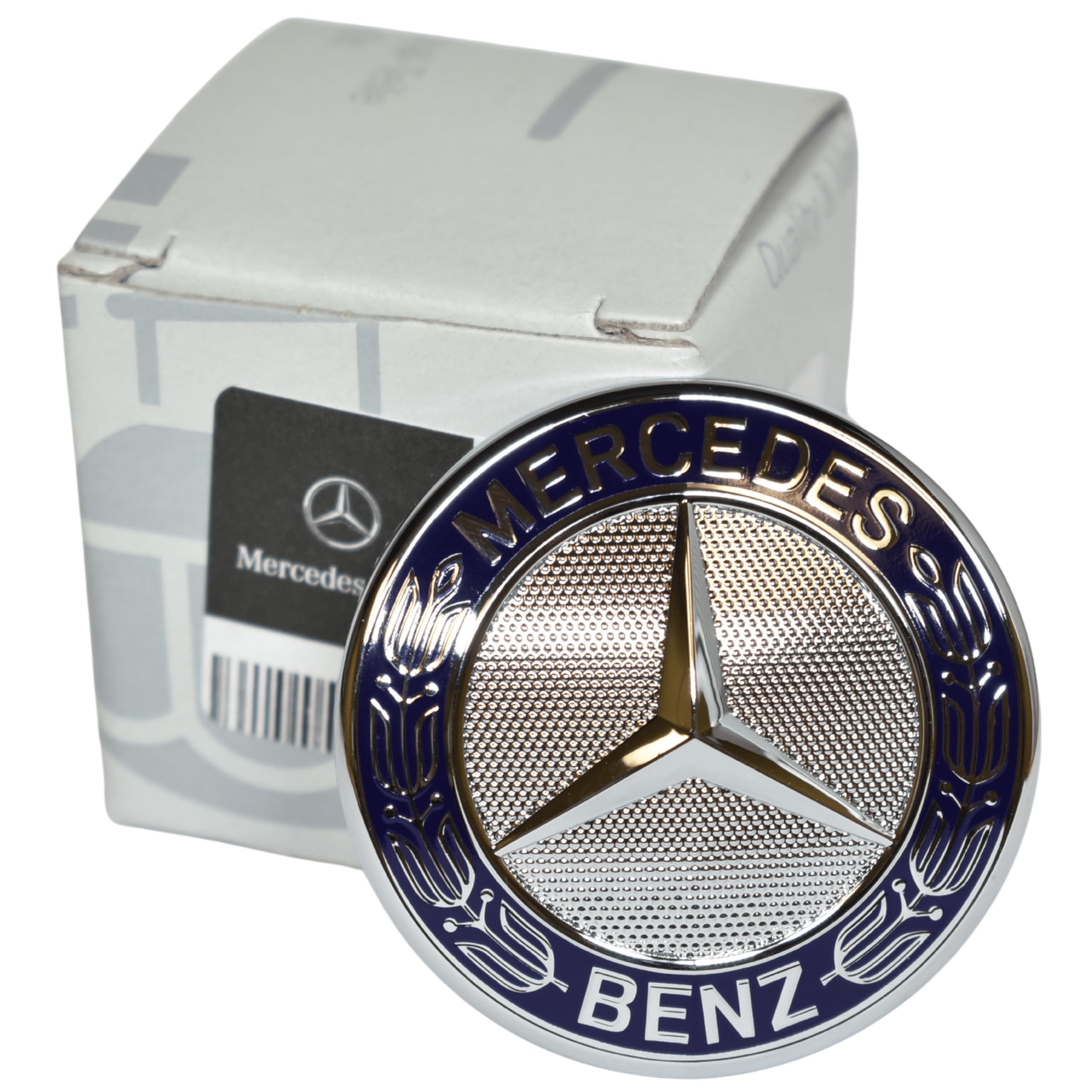 Mercedes Benz Genuine Vehicle Hood Star Emblem Badge (221-817-00-16, Chrome and Blue Laurel Wreath)