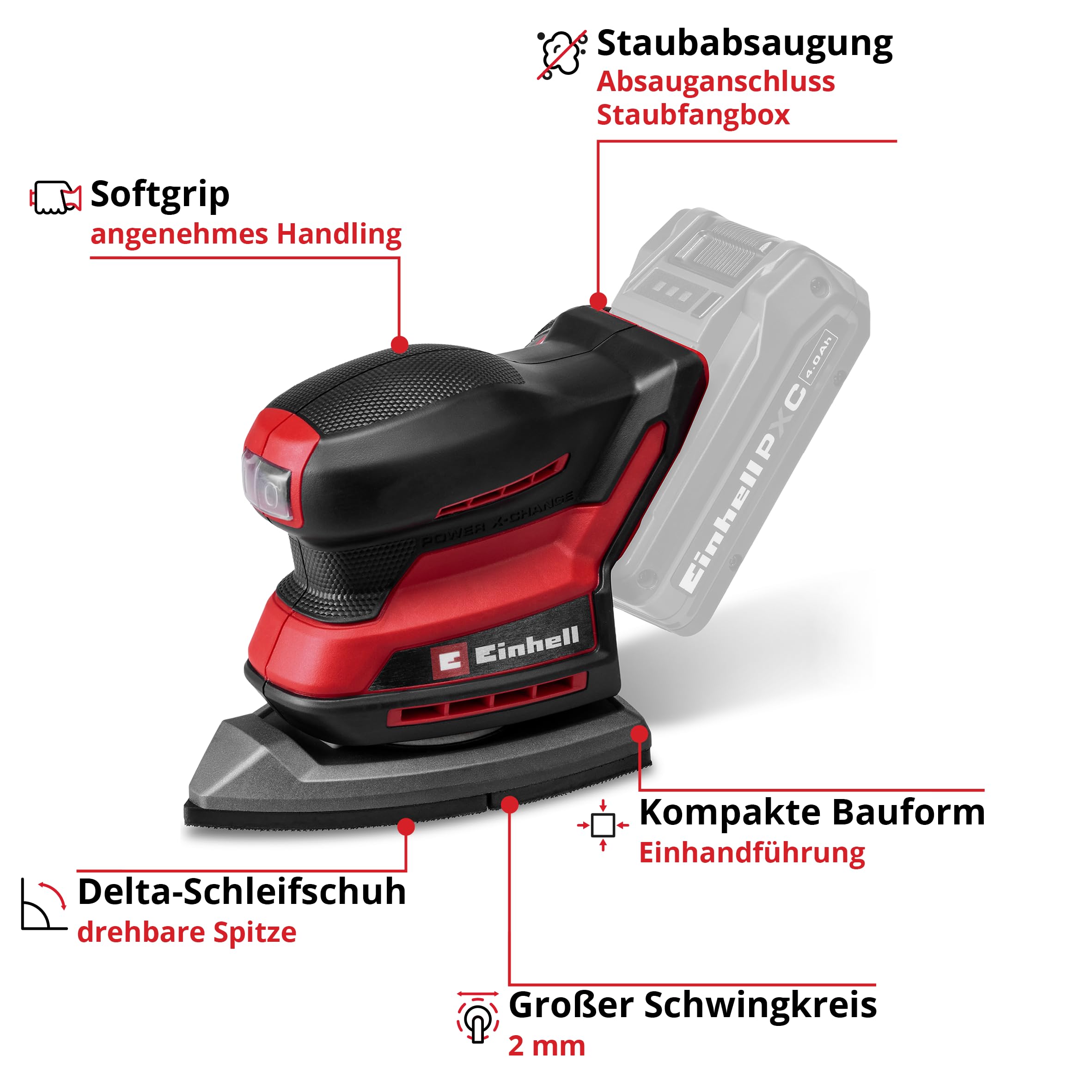 Einhell Akku-Multischleifer TE-OS 18/150-2 Li PXC (18 V, 24000 U/min, 2 mm Schwingkreis, Staubfangbox, Staubabsaugadapter, inkl. 6x Schleifpapier, Akku und Ladegerät)