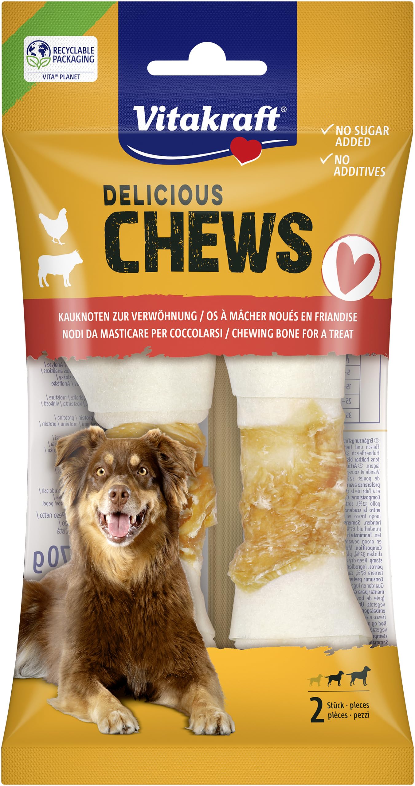 Vitakraft Chews, spuntino per cani, nodo da masticare per la ricompensa, in pelle di manzo secca, avvolto con carne di pollo magra, basso contenuto di grassi, per cani di taglia media (1 x 2 pezzi)
