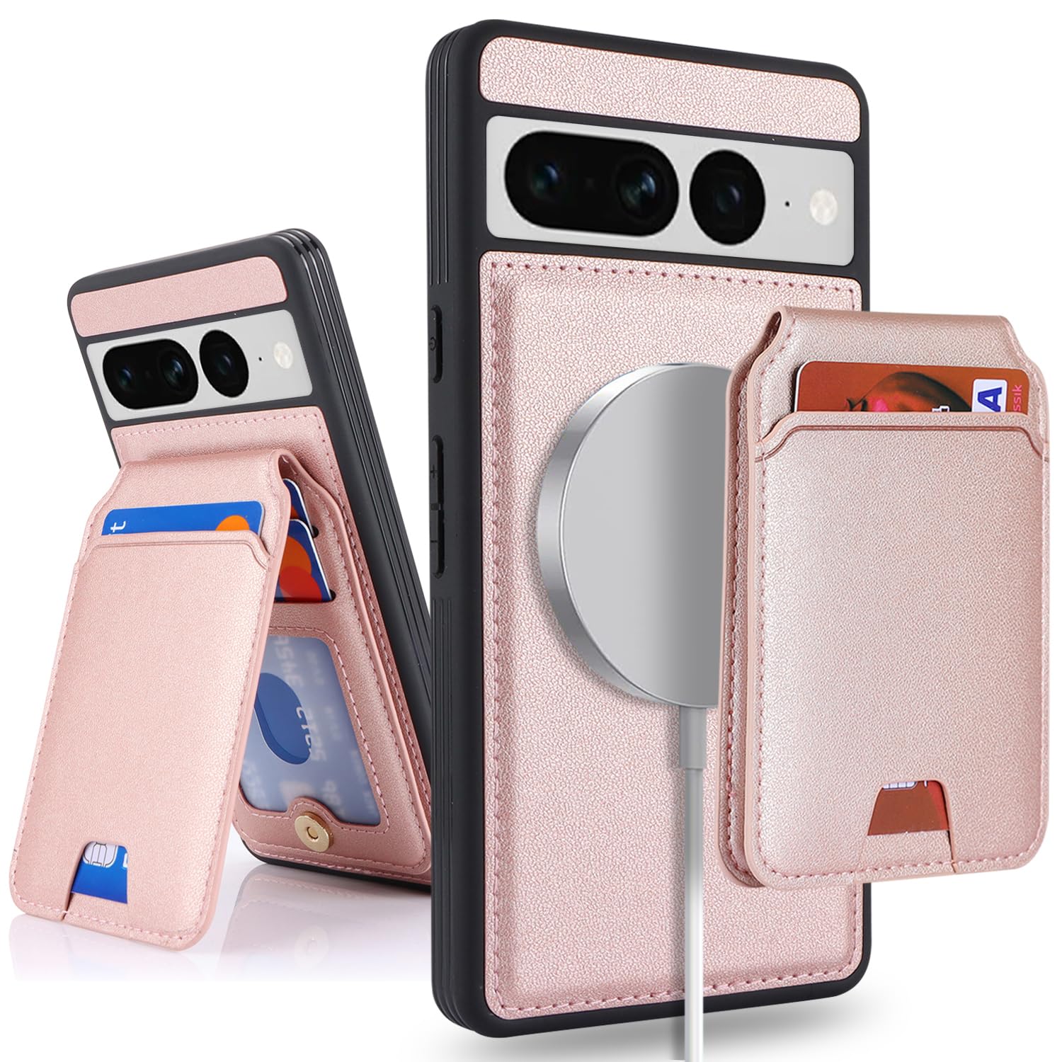 SailorTech for Google Pixel 7 Pro case with Credit Card Holder, fits Pixel 7 Pro Leather Case Wallet for Women Compatible Wallet Detachable 2-in-1 for Men-Pink