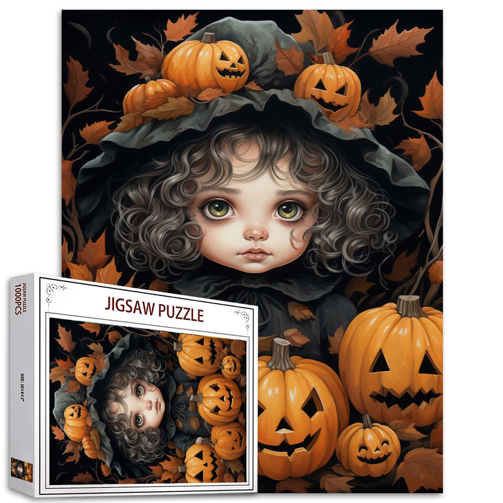 Halloween Pumpkin Girl Jigsaw Puzzle Black Curly Hair Doll 1000 Piece Jigsaw Puzzles for Adults Challenging Family Activity Game DIY Puzzle Home Decor Gift for Friends 20 x 27 Inch