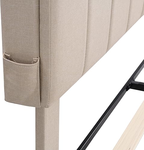 Miniatura 17 de Harper & Bright Designs Cama matrimonial con cabecera de estantería y puerto USB, plataforma tapizada de tela de lino, marco de madera, no necesita