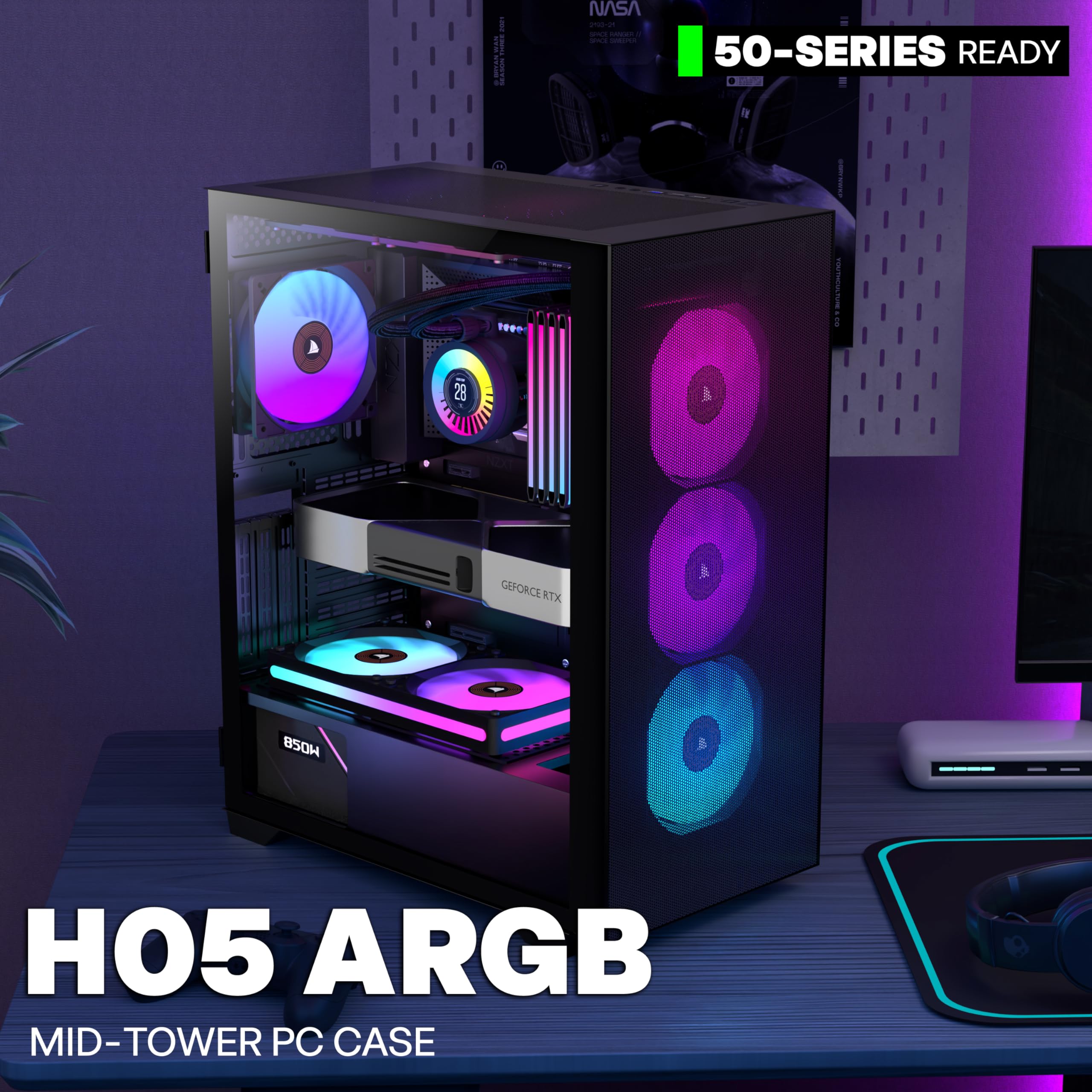PC-Gehäuse ATX 6 PWM ARGB Gehäuselüfter, vorinstalliert, Mid-Tower-Computergehäuse mit gehärtetem Glas, Netzfront mit hohem Luftstrom, unterstützt 360-mm-Kühler, schwarzes