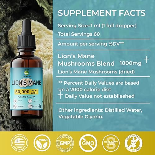 Miniatura 2 de Suplemento de melena de leones, suplemento diario de hongos para memoria, concentración y claridad, refuerzo cerebral, tintura de melena de león