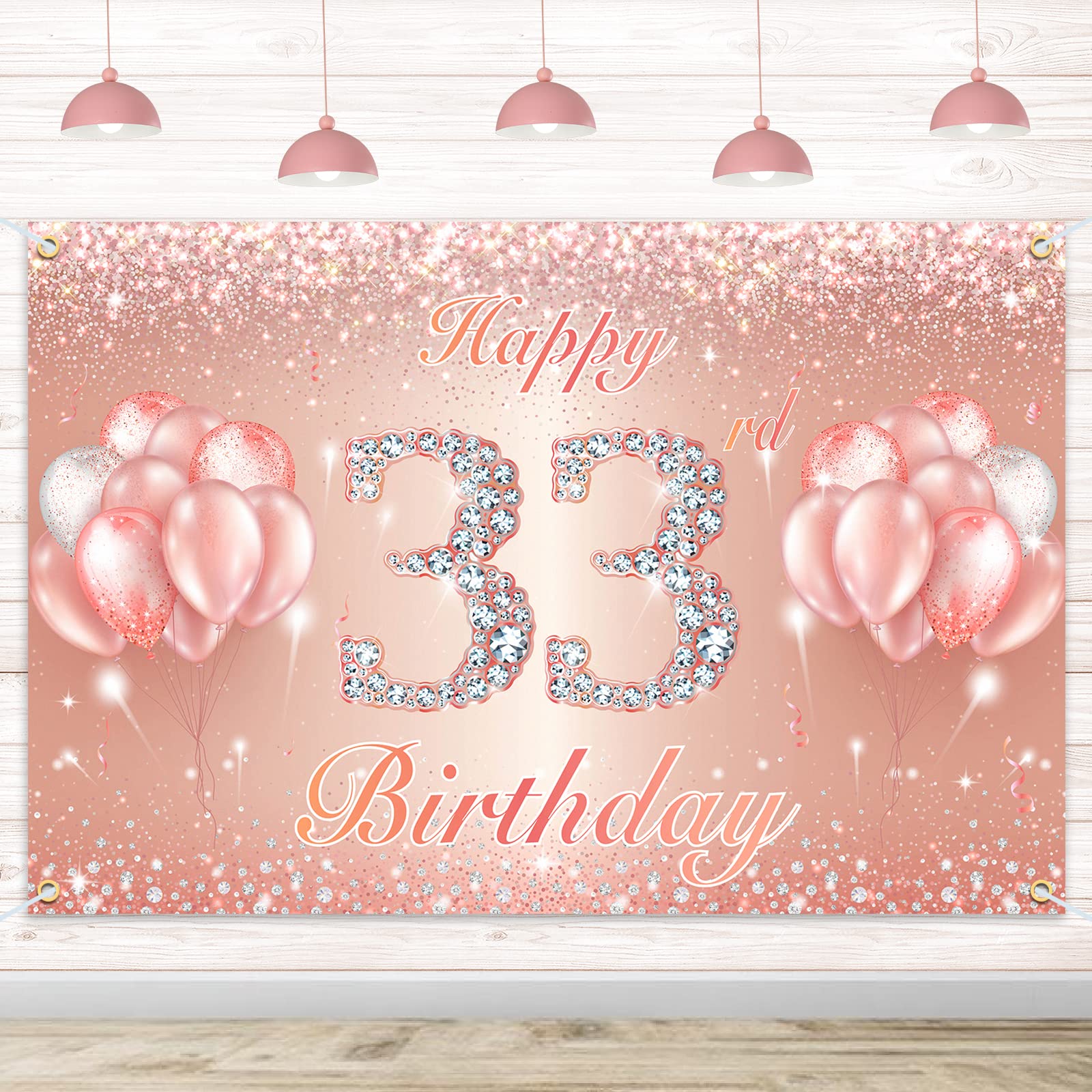 Happy 33rd Birthday Banner Backdrop - 33 Birthday Party Decorations Supplies for Women or Men - Rose Gold 4 x 6ft