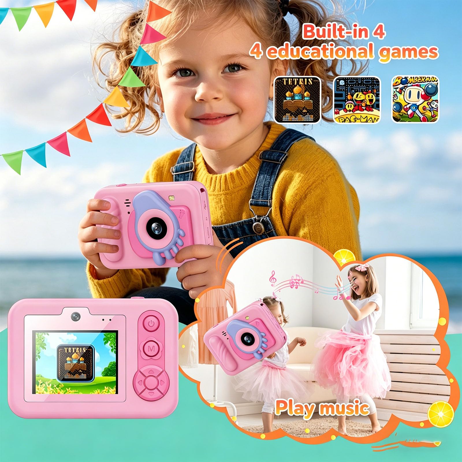 Cámara de aventura para niños, pantalla LCD de 2.4 pulgadas, tarjeta de memoria de 32 GB, juegos integrados, efectos divertidos para pequeños fotógrafos, cámara digital para niños