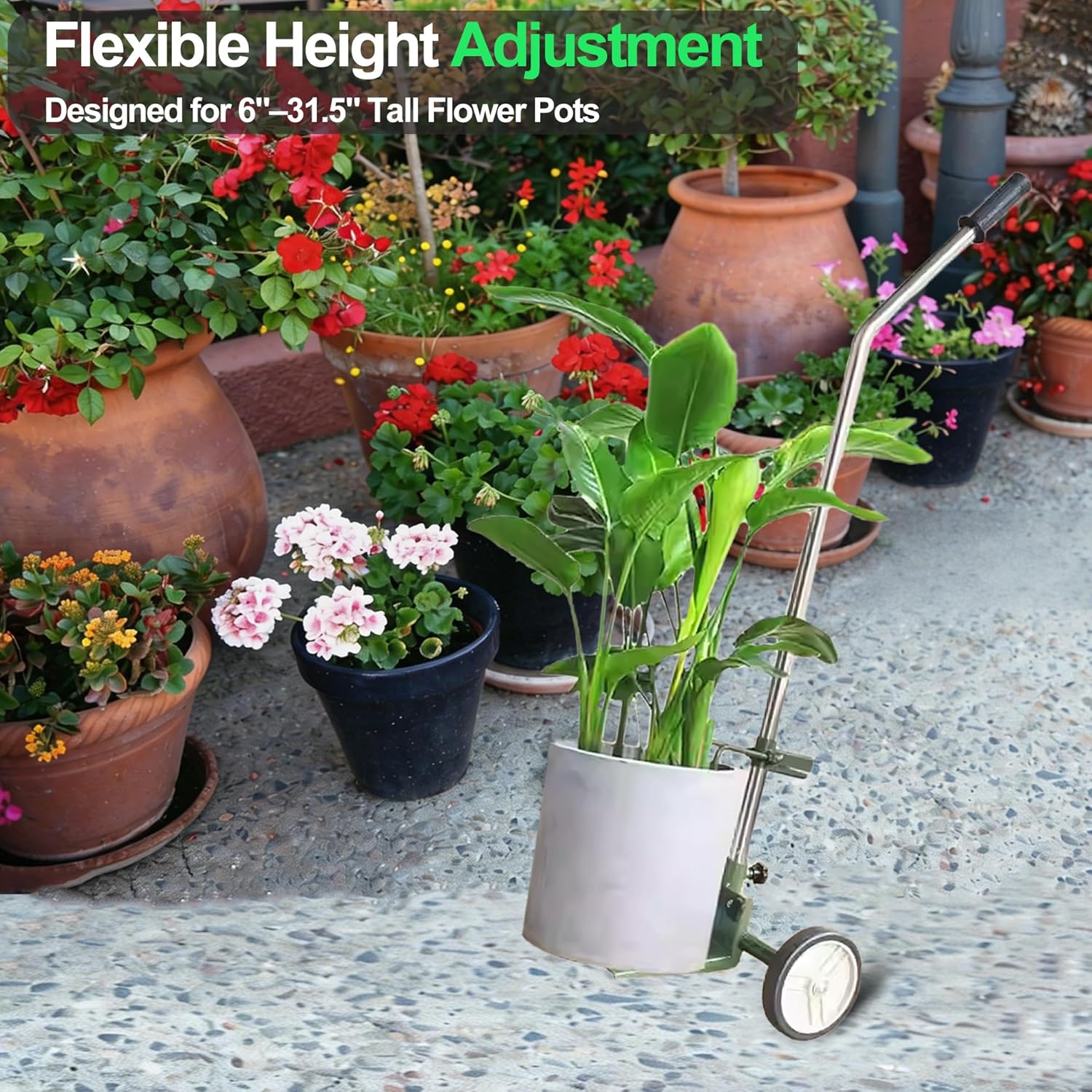 Heavy Duty Plant Mover with Wheels, Adjustable Pot Lifter Dolly for Large Potted Plants, Flat-Free Rubber Wheels, Ergonomic No-Lift Design, Steel Base, 220 LBS Capacity