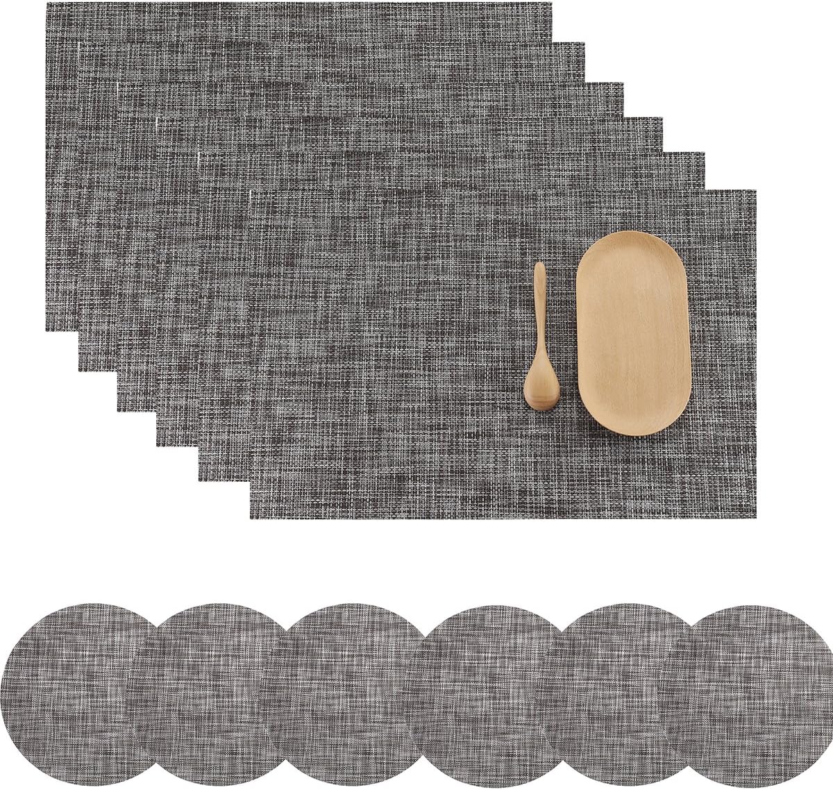Set of 6 Placemats and Coasters Heat Resistant Pad Western Dining PVC Dinner Table Mats Desk Holder Home Decor Black 45x30cm (Grey-Set of 6 Placemats and Coasters)