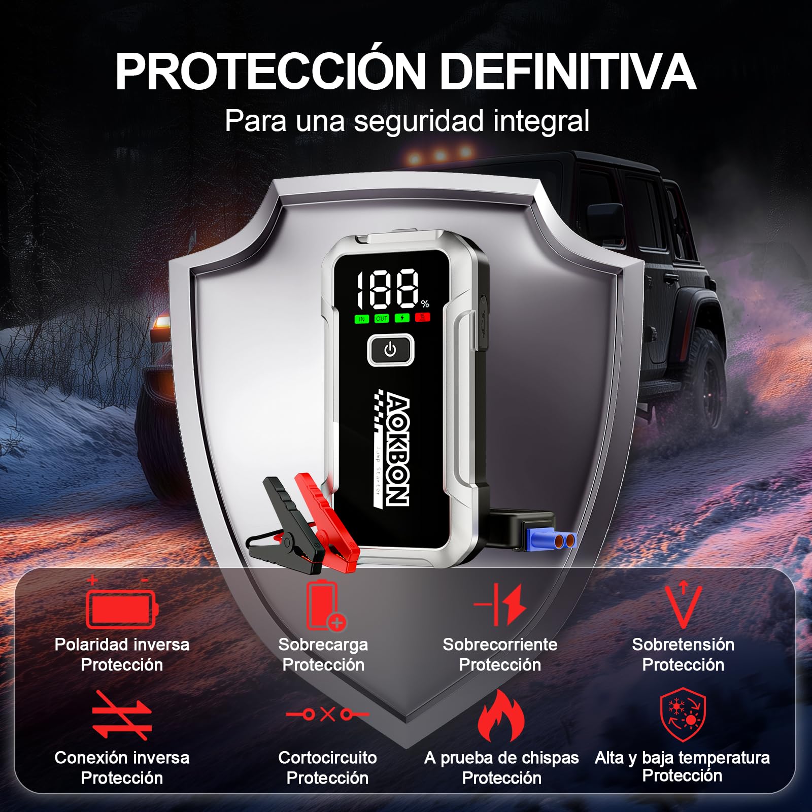 Arrancador de Coches 7000A 12V Arrancador de batería para Todo Gasolina o 10L de Diésel Booster con Pantalla LCD Grande Clips de Seguridad Inteligentes Carga USB y Luz LED