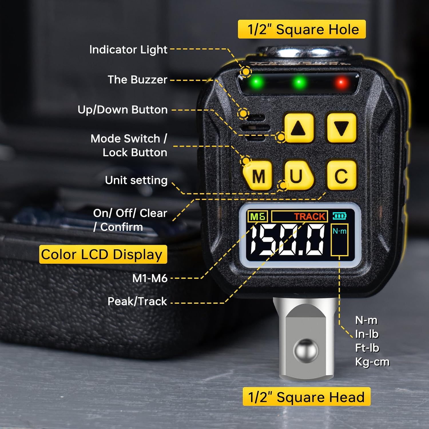 1/2" Digital Torque Adapter, 7.4-147.5 Ft-lb/10-200 Nm, Color LCD, Digital Torque Wrench Adapter with ±2% Accuracy, Torque Wrench Calibration Tool with 3/8'' & 1/4'' Adapters for Car