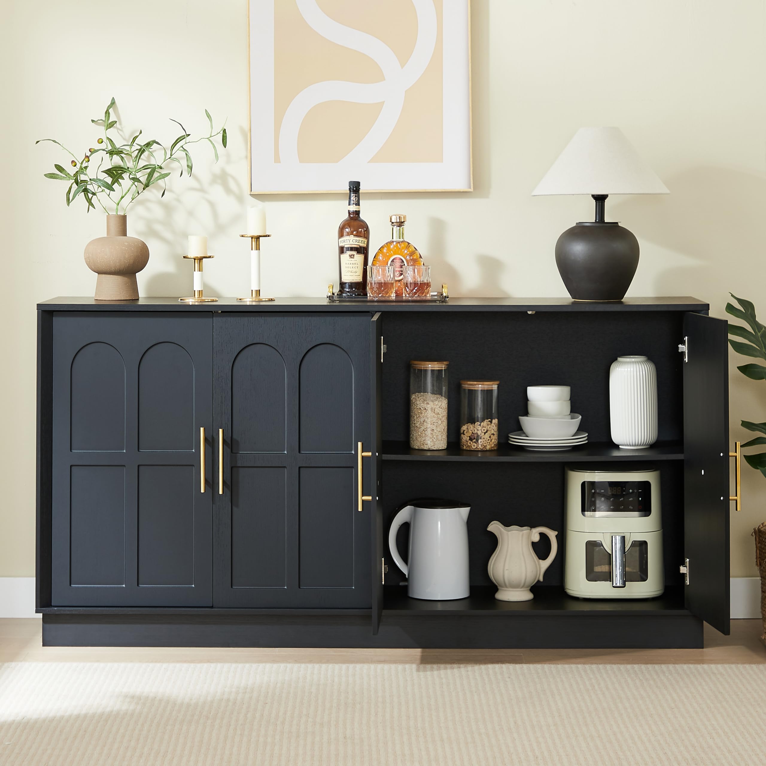 BTM Extra großes Sideboard mit Stauraum, Moderne Vitrine gewölbter Front, 169 cm Langer TV-Schrank, geeignet für Wohnzimmer/Küche/Esszimmer/Flur, schwarz,169x40x80cm