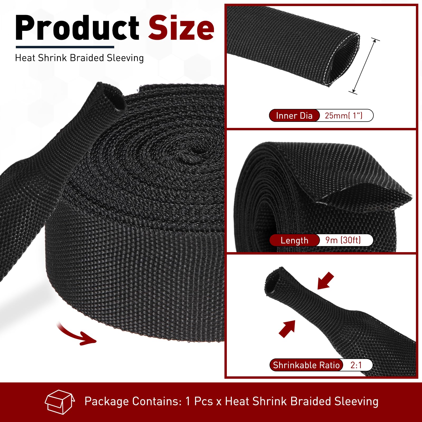 DMiotech Gaine tressée thermorétractable, rapport 2:1, 25 mm ID-9 m, noir | Manchons de protection en tissu tressé thermorétractable pour protection automobile et gestion des câbles