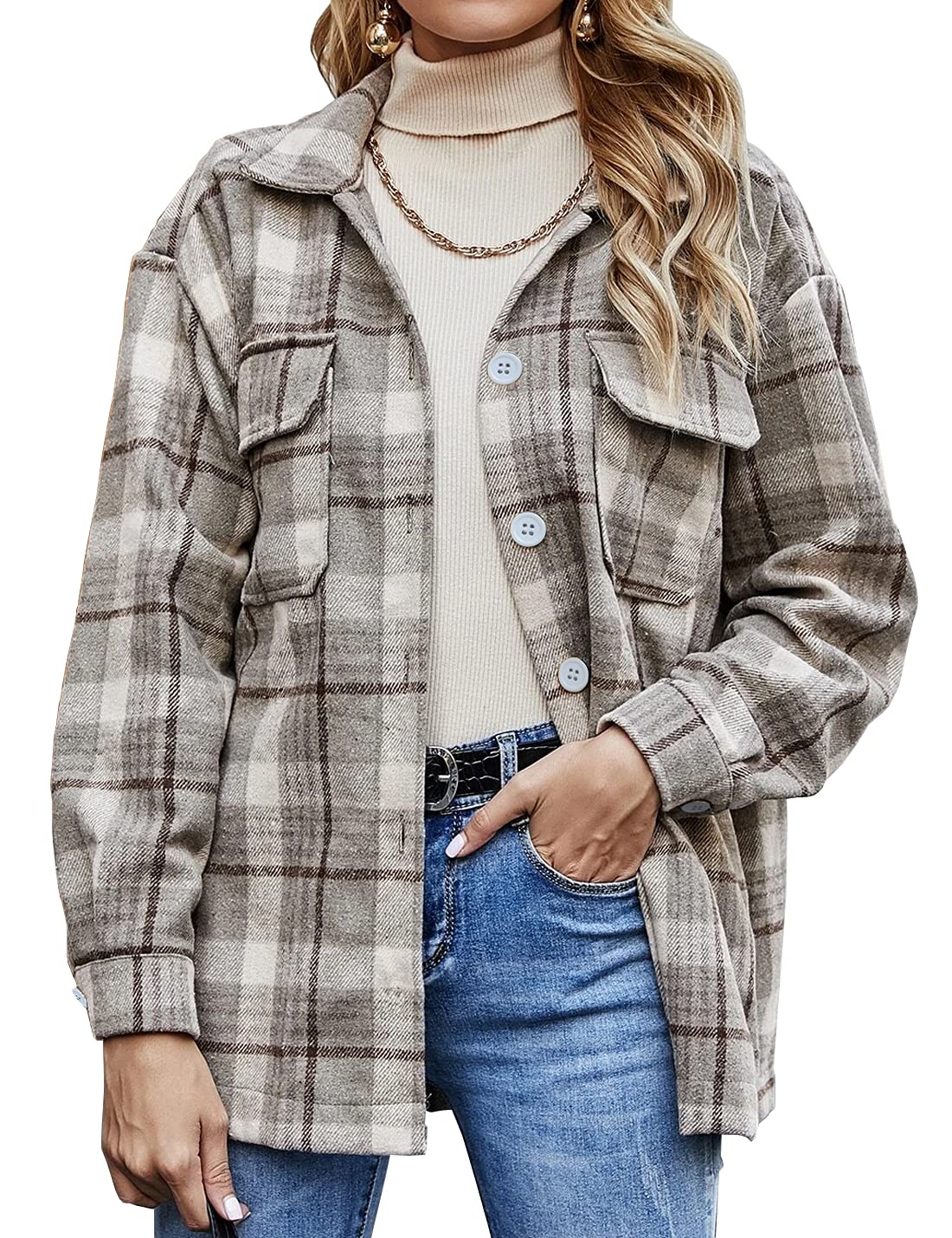 Locachy Women's Casual Wool Blend Lapel Button Down Long Sleeve Plaid Shirt Jacket Shacket