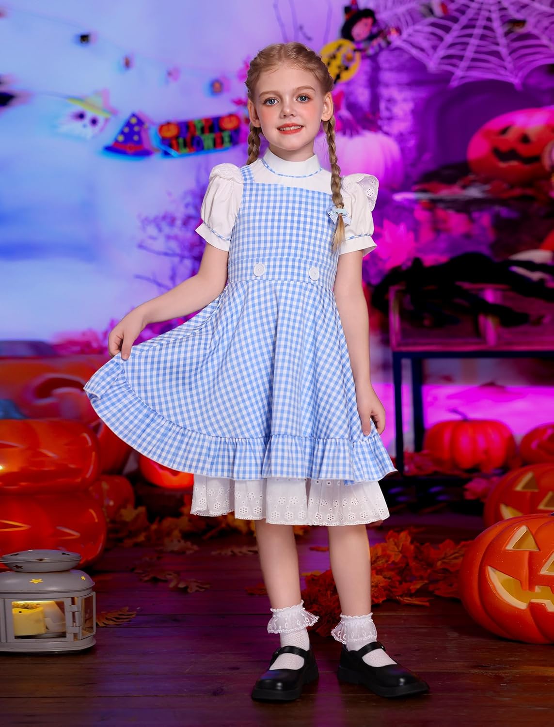 OBEEII Kids Girl Blue and White Checked Dress Bows Summer Casual Short Sleeve Blue Gingham Dress - Image 4