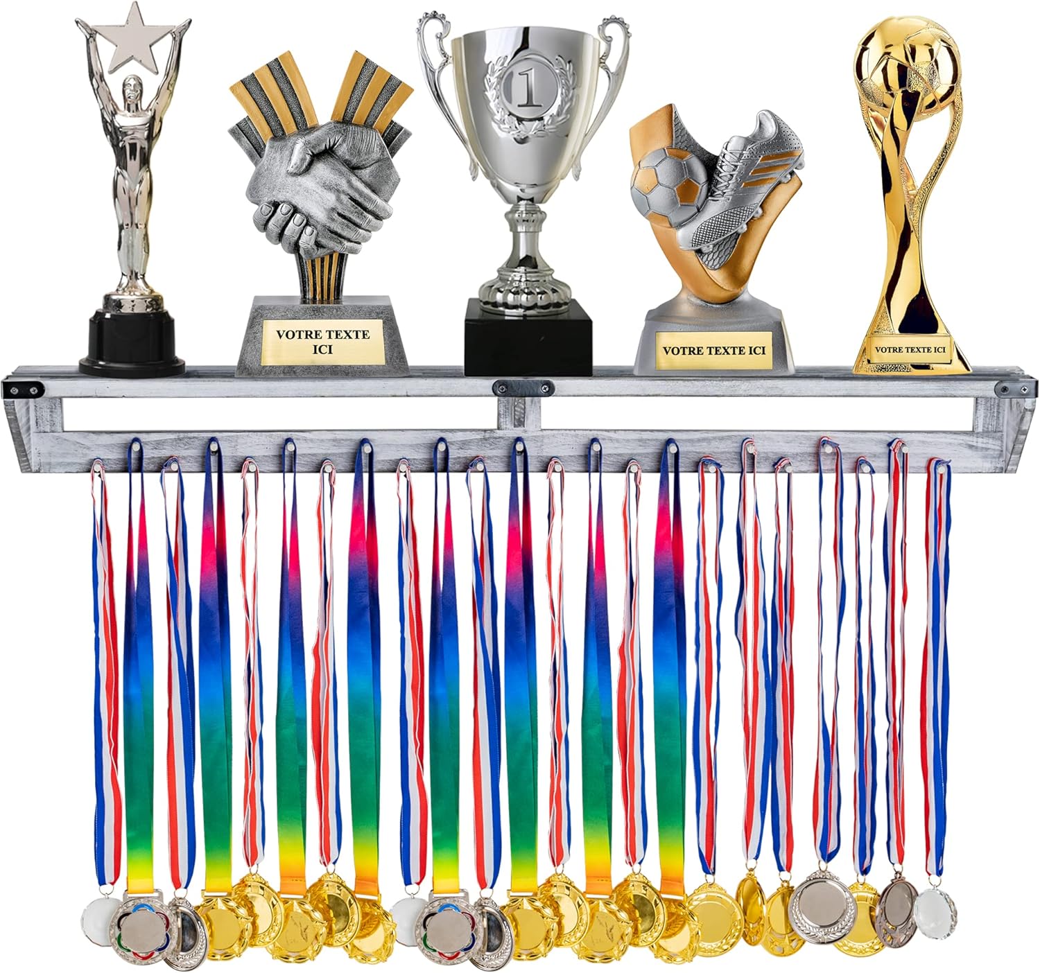 LAVIEVERT Gymnastic Medal Hanger with Storage Shelf, Wooden Wall-Mounted Trophy Shelf, Race Medal Display Rack Holder with 23 Hanging Bars
