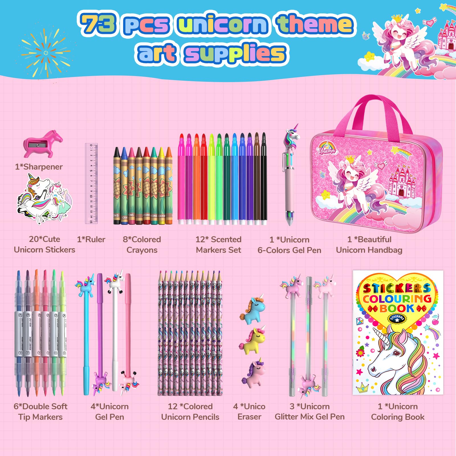DreamyCandy Set di pennarelli lavabili con astuccio per il trasporto, forniture artistiche per bambini dai 4 ai 6 - 8 anni, set da colorare con adesivi, regalo di compleanno per ragazze di 4, 5, 6, 7