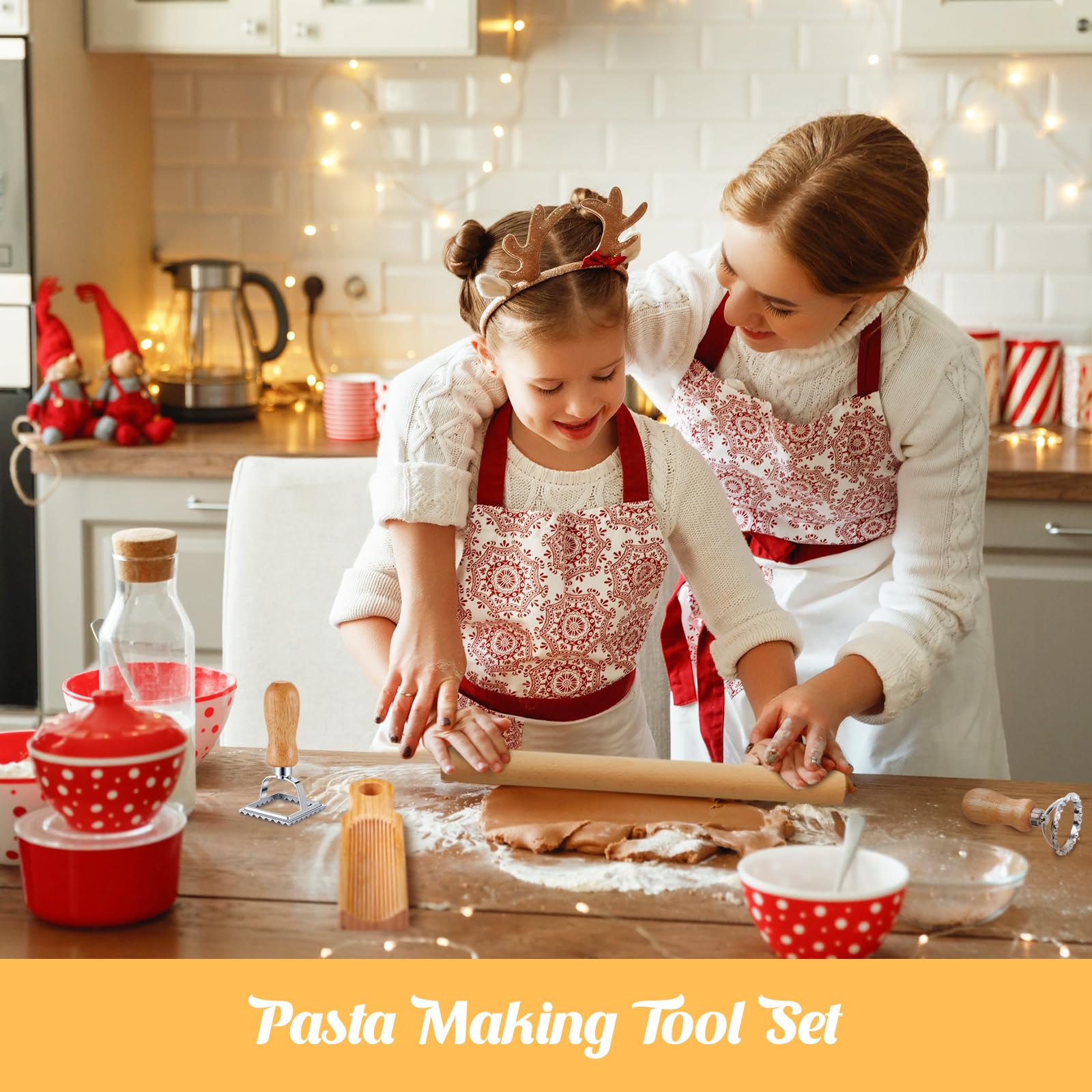 Tioncy Juego de 7 herramientas para hacer pasta, tablero de ñoquis de madera con sello de raviolis, máquina de raviolis y rodillo para hacer ñocos caseros, regalo de cocina para los amantes de la