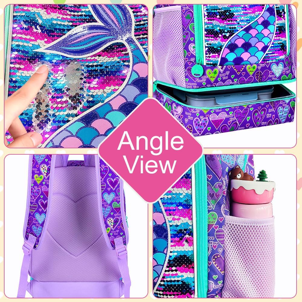AGSDON 2-in-1 Mermaid Backpack for Girls,School Bookbag with Lunch Bag,17" Water Resistant Backpack for Preschool Elementary Student