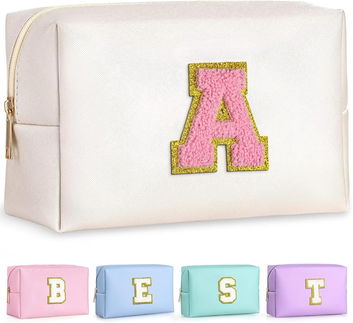 Initial Makeup Bag, Birthday Gifts for Women Girls, White A | Personalized Birthday Gifts for 4 5 6 7 8 9 10 11 12 Year Old Girls, Small Makeup Bag, Spa Kit for Girls Skincare