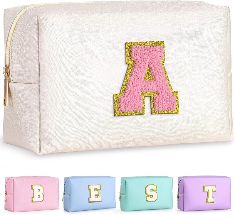 Initial Makeup Bag, Birthday Gifts for Women Girls, White A | Personalized Birthday Gifts for 4 5 6 7 8 9 10 11 12 Year Old Girls, Small Makeup Bag, Spa Kit for Girls Skincare