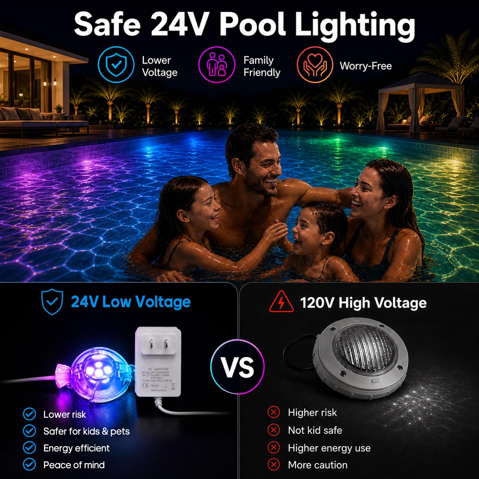 Illuminazione per laghetto RGB, 35 m, 24 in 1, luci subacquee con app e telecomando, 16 milioni di colori, scene fai da te e 44 modalità di illuminazione, IP68, illuminazione per piscina