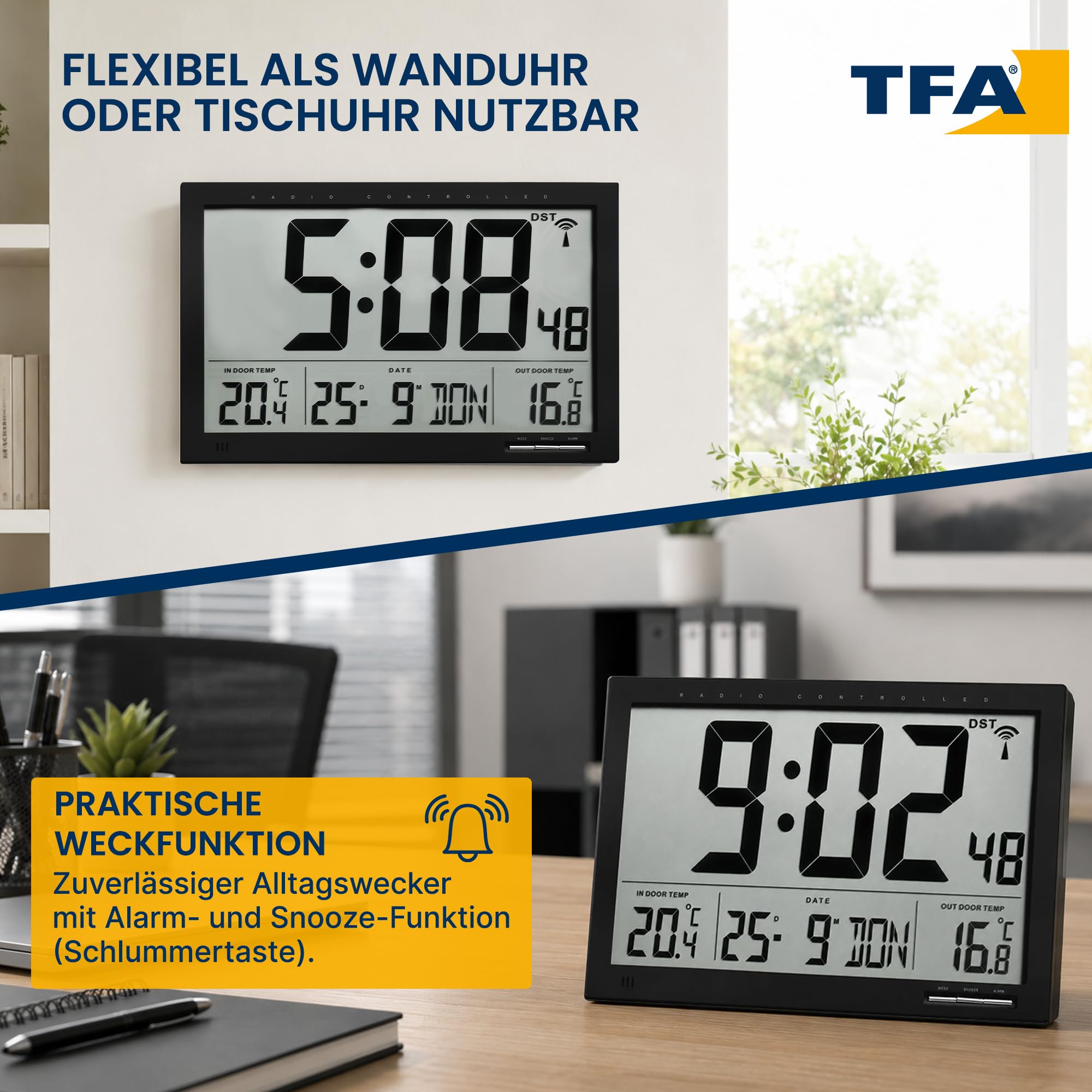 TFA Dostmann Digitale XL-Funkuhr, mit Außen-und Innentemperatur, Wanduhr, gut ablesbar, schwarz, 60.4510, L 370 x B 29 (90) x H 230 mm, 60.4510.01