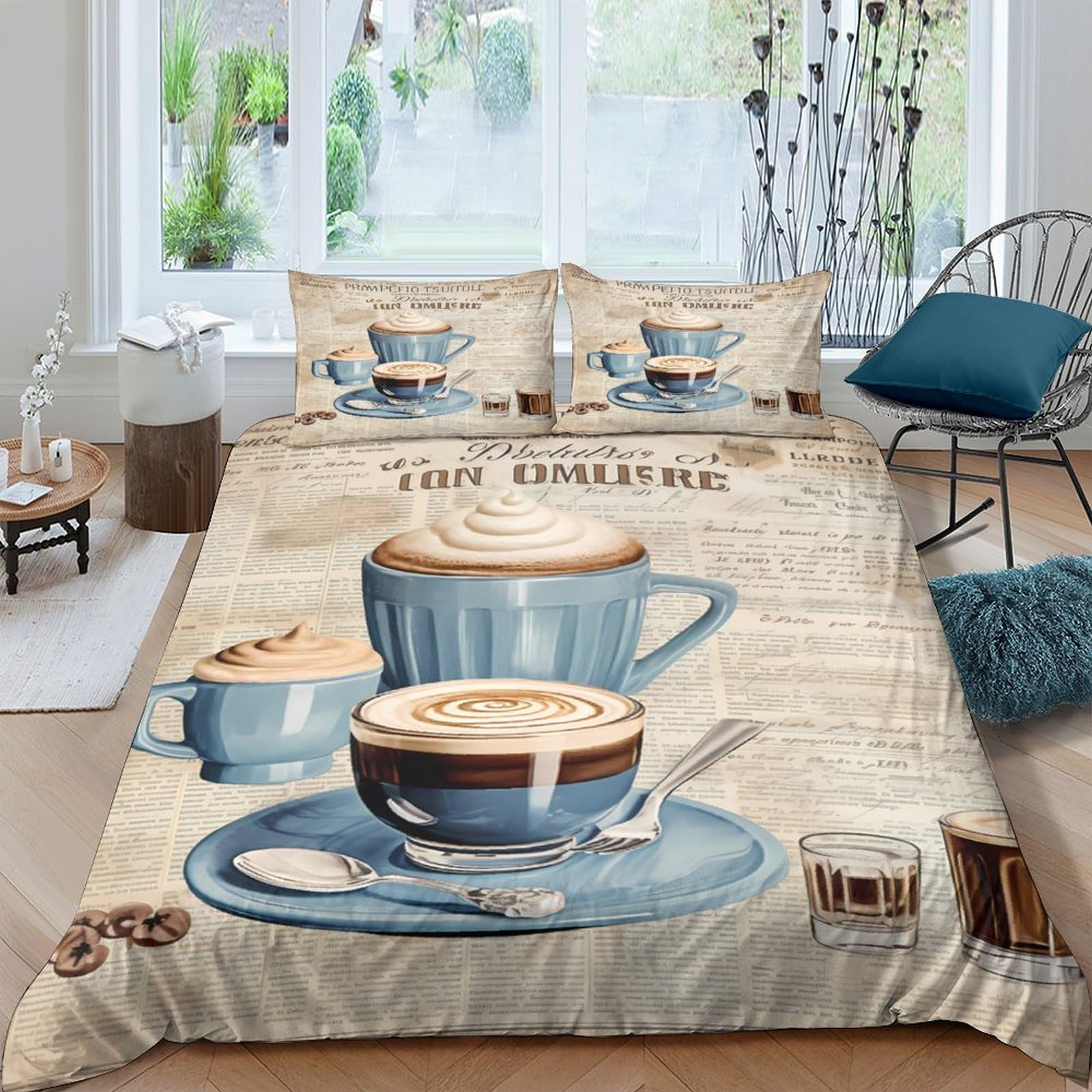 XFKLYNVCJ 3D Printed Coffee drinks Quilt Cover Polyester Vintage café style Bedding Cover Breathable Durable for Student Dormitory College Bedroom Daily Bedding Use Super king（260x220cm）