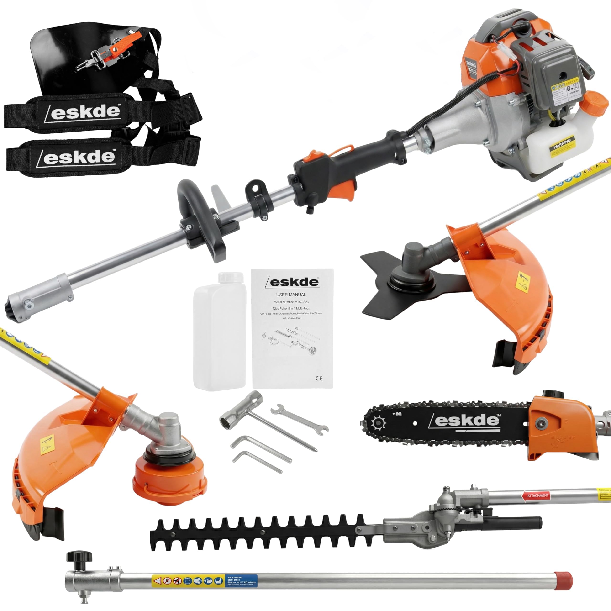 5-In-1 Garden Multi Tool - 52cc 2 Stroke Petrol Strimmer Pull Start, Brush Cutter, Hedge Trimmer, Chainsaw and Extension Pole with Harness and Tool Kit | Long Reach Gardening Multitool | eSkde