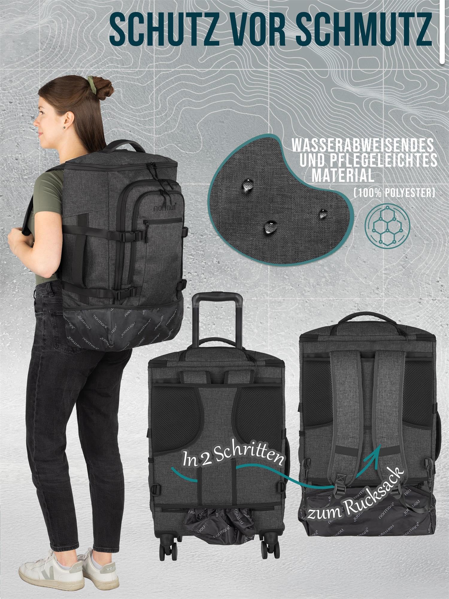 normani Handgepäck 4-Rad Reisetaschen-Rucksack 38 Liter Reiserucksack mit Trolleyfunktion mit Frontloader und Laptopfach