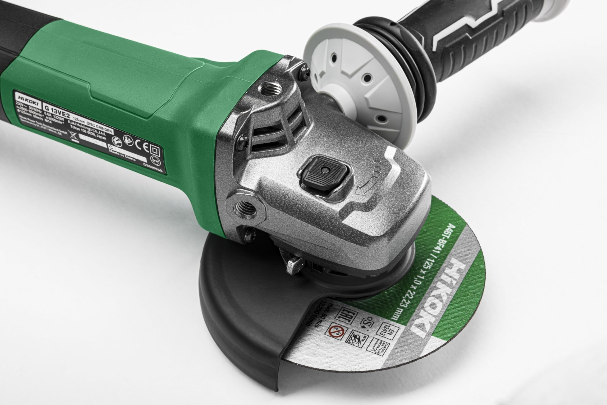 HiKOKI Amoladora Angular G13VE2, Radial 125mm 1300W con Velocidad Variable | Miniamoladora de 2,4 kg con mango antivibración, protección contra retroceso y disco de 125 mm. Incluye llave y protector.