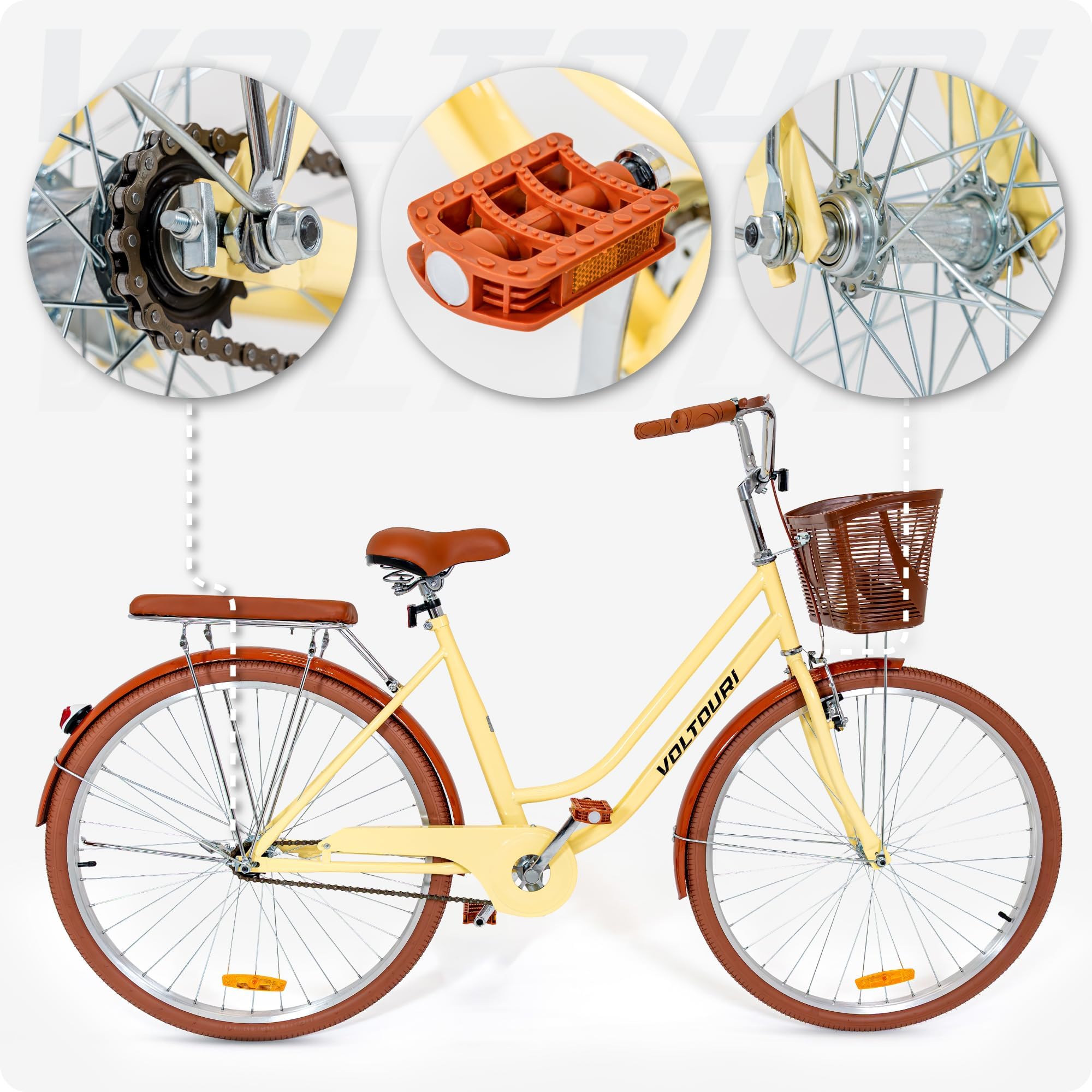 THUNDER Citybike 28 Zoll Damenfahrrad – Retro Fahrrad mit Korb & Gepäckträger, Stahlrahmen 17”, 1 Gang, V-Brake & Rücktrittbremse, Schutzbleche, Ständer,