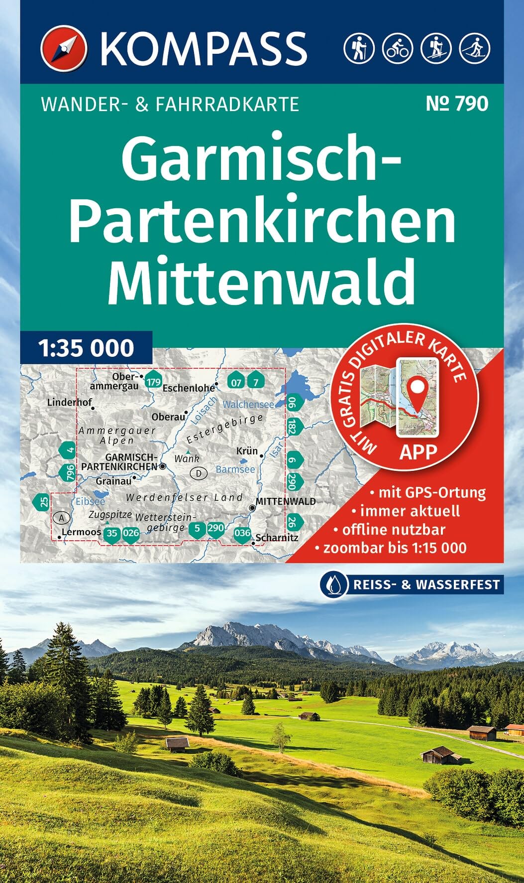 KOMPASS Wanderkarte 790 Garmisch-Partenkirchen, Mittenwald 1:35.000: Wander- und Fahrradkarte in einem - inklusive Offline-Verwendung in der KOMPASS-App. Wander-& Radwege. Skitouren. Langlaufen.