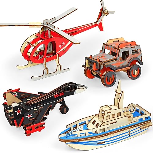 Vileafy Rompecabezas de madera 3D para niños de 8 a 10 años, recuerdos de fiesta de avión, helicóptero, luchador, bote salvavidas, Jeep, envueltos