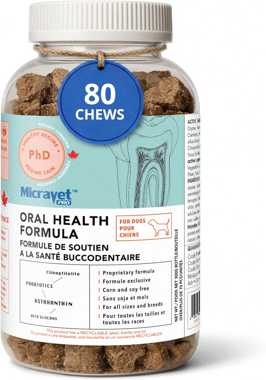 MicraVet Pro Oral Health Soft Chew Dental Supplements for Dogs – Plaque & Tartar Control, Fresh Breath Support, Natural Dental Wellness Formula with Zeolites & Astaxanthin – 80 Count