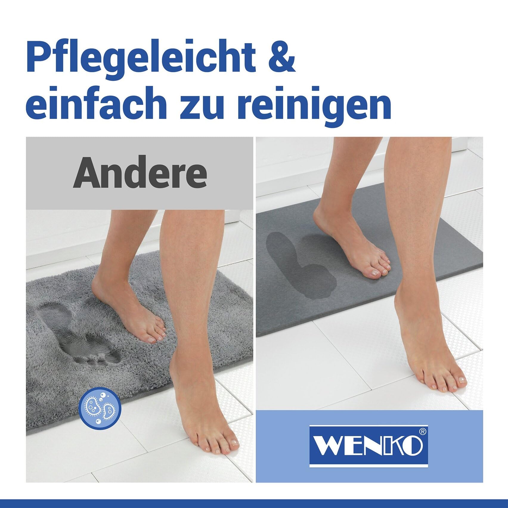 WENKO rutschfeste Badematte Mod. Simi, schnelltrocknender Badvorleger aus Diatomit (Kieselgur), stark wasserabsorbierend, saugfähiger Duschvorleger, grau