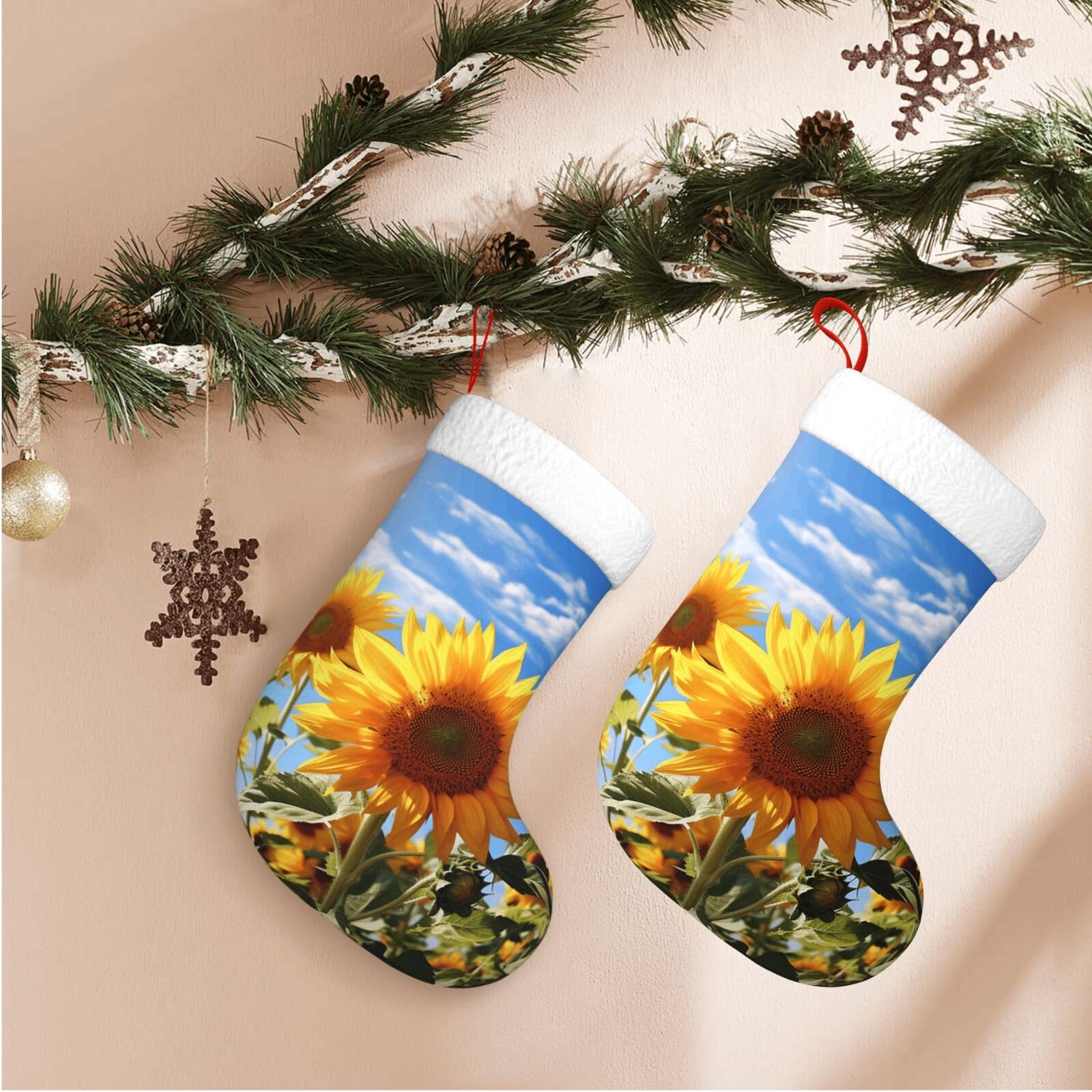17.7" Christmas Stocking 1 Piece, Beautiful Sunflower Xmas Stockings with White Plush Cuff Fireplace Hanging Stocking for Christmas Holiday Party Decoration