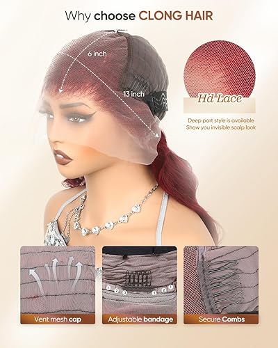 Miniatura 6 de Pelucas de cabello humano con encaje frontal color borgoña 99j de 13 x 6, densidad del 200 %, pelucas de encaje frontal HD 99j de color rojo