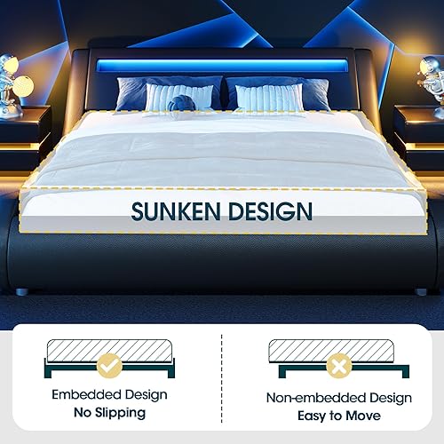 Miniatura 26 de WEEWAY Base de cama moderna tamaño Queen con cabecera de luces LED RGBW, diseño de trineo tapizado de perfil bajo, soporte de listones de madera