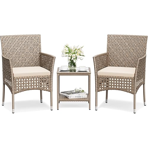Greesum 3-Piece Patio Furniture Set,Outdoor Wicker Conversation Furniture Sets Modern Star-Patterned Openwork Rattan Chairs with Coffee Table for Backyard Deck,Light Coffee and Beige