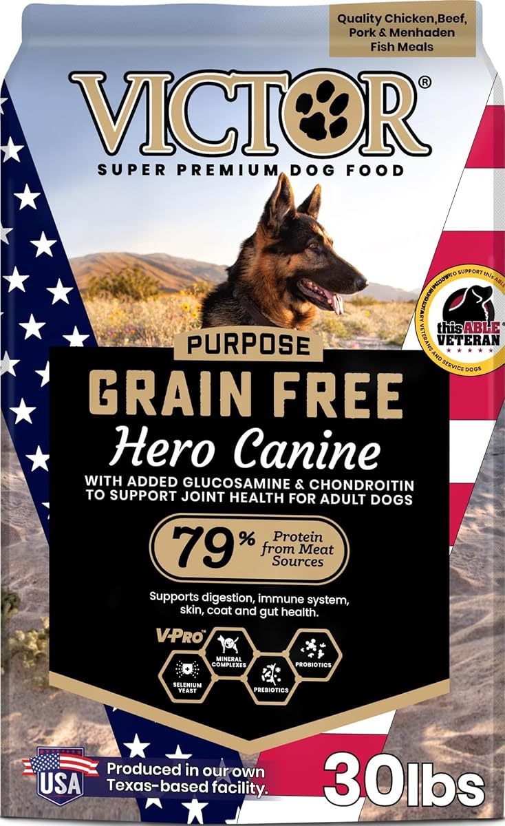 VICTOR Purpose Grain Free Hero Canine Dry Kibble - Active Adult Dogs, 30 lb | Super Premium Dog Food, Gluten Free, High protein With Glucosamine and Chondroitin, Supports Hip and Joint Health, 30lbs