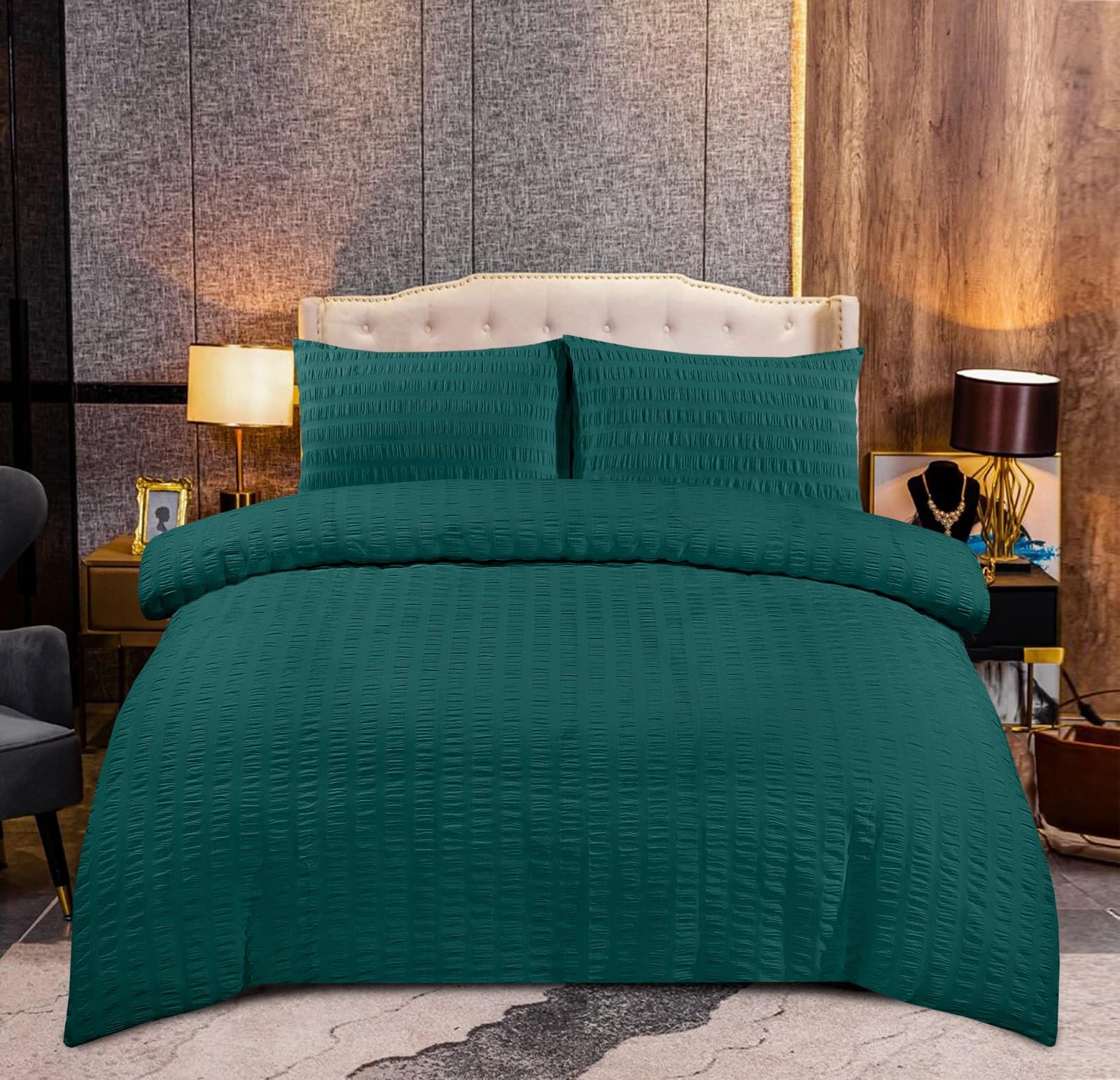 KD HOME EVERYTHING YOU NEED Seersucker Duvet Quilt Cover Set with Matching Pillowcases, Ultra Soft Cosy Polycotton Stripe Design, Easy Care & Machine Washable (Emerald Green, Single) — image 1