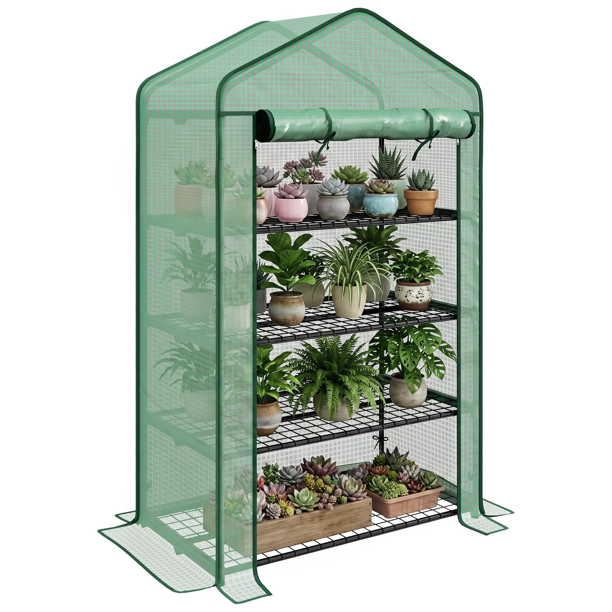 Outsunny Mini invernadero ancho 4 estantes,cubierta PE reforzada,Verde | Invernadero portátil, puerta enrollable, estantes de alambre, interior/exterior, 90x49x160cm