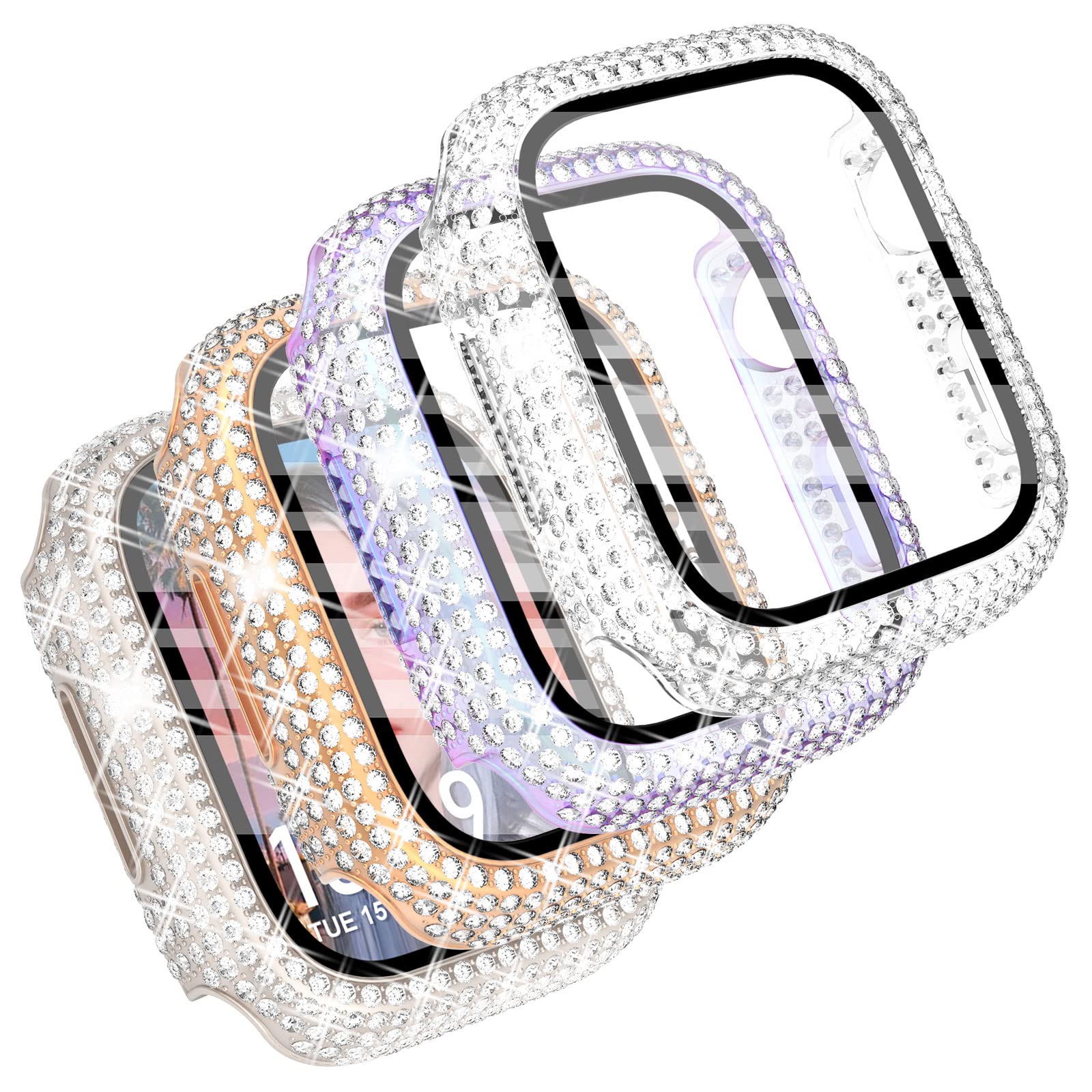 CHANCHY 4-Pack for Apple Watch Series 9 8 7 45mm Screen Protector Case, Over 400 Crystal Diamond Bling Case Protective Bumper for iWatch Series 7/8/9,