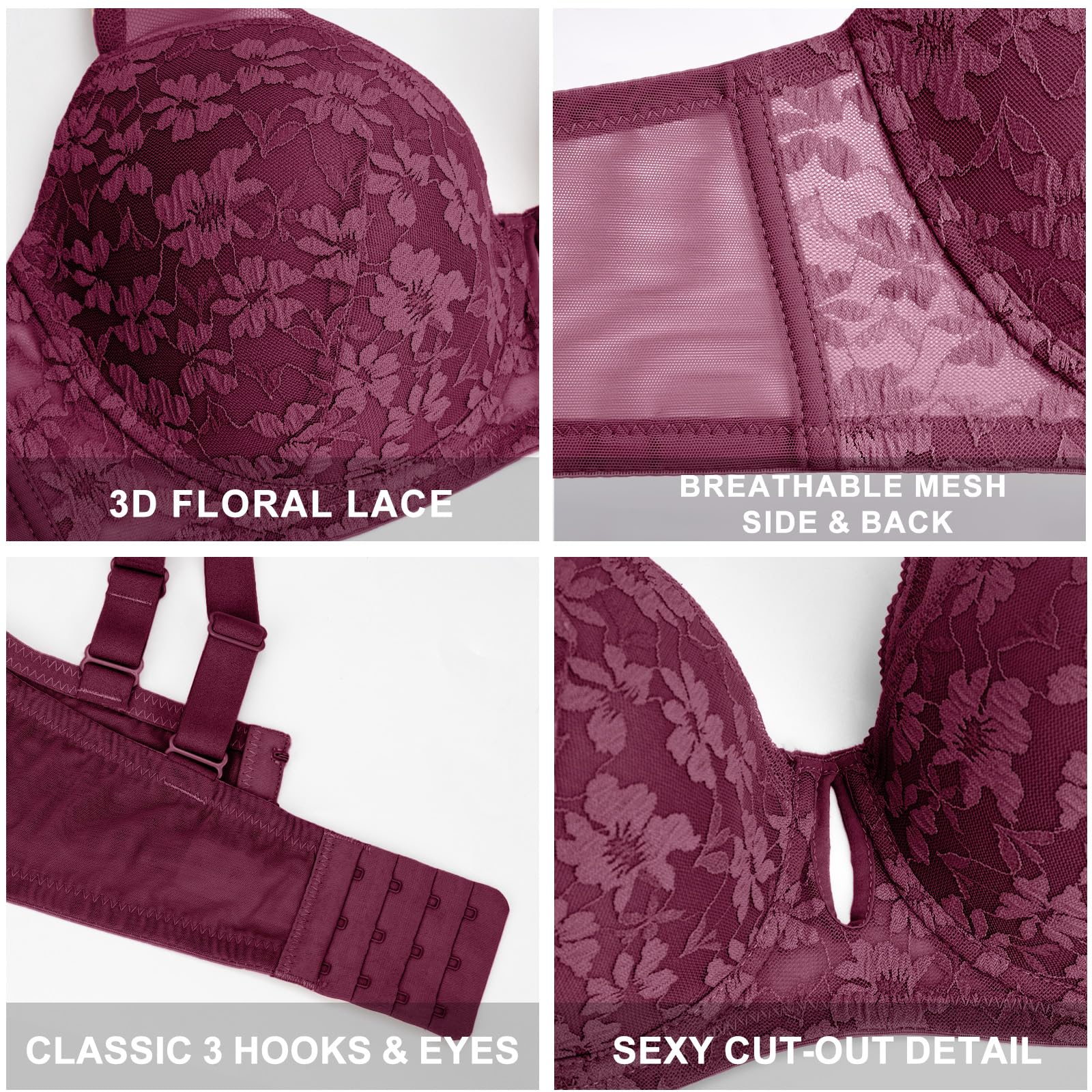 FallSweet Sujetador Escote Profundo Push up de Encaje para Mujer Push Up Sujetador con Aros Acolchado Añade una Copa Sujetador Sexy