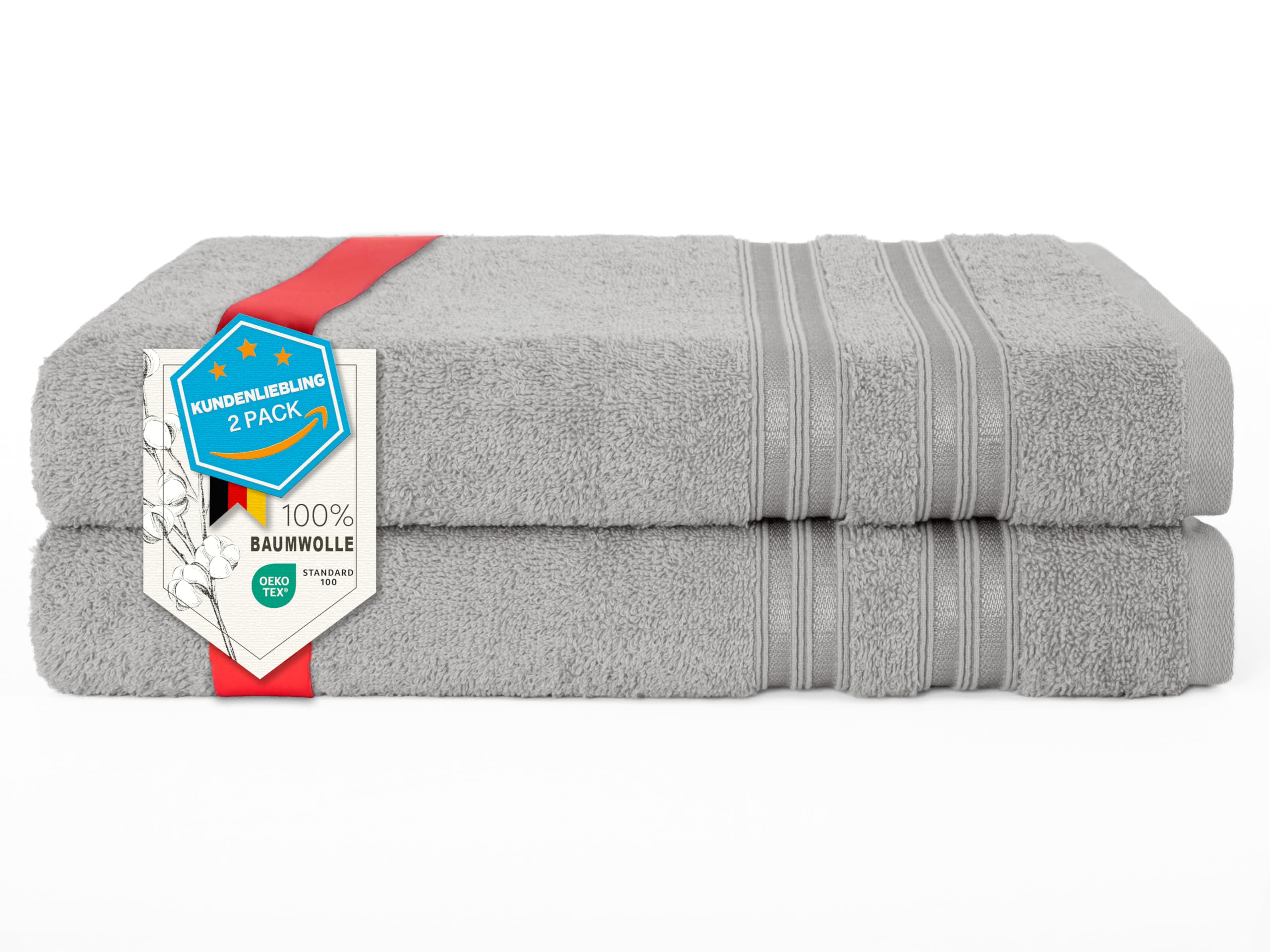 Hammetex Duschtücher 2er Set 70x140 cm – Badetücher aus 100% Baumwolle Frottier – Oeko-TEX Zertifiziert – Weich, Saugstark – mit Aufhänger, Hellgrau