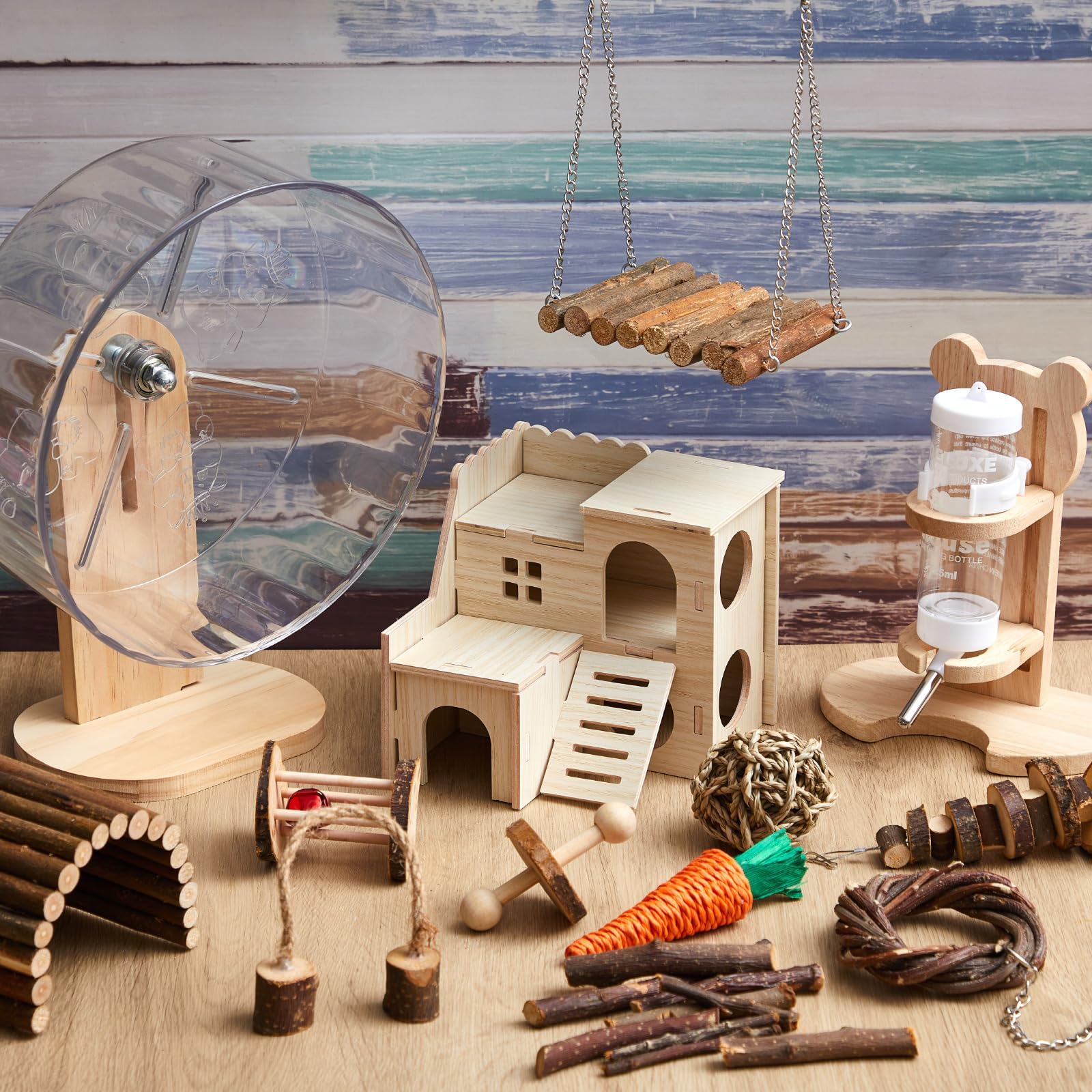 Sonwyoung 18 Pcs Hamster Toys Set, 10 Kinds Small Animal Chewing Toys, Maze Wood House, Silent Exercise Running Wheels and Water Bottle Set for Hamster Habitat Rat Cage Accessories(Mixed Play Style) - image 2